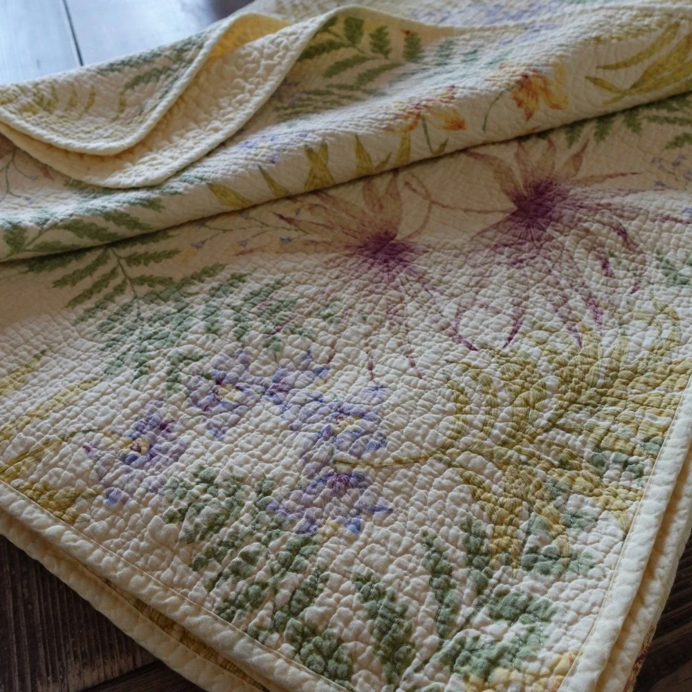Shabby Botanical Cotton Quilt Yellow Cottagecore Country Floral Fern Boho 64x86
